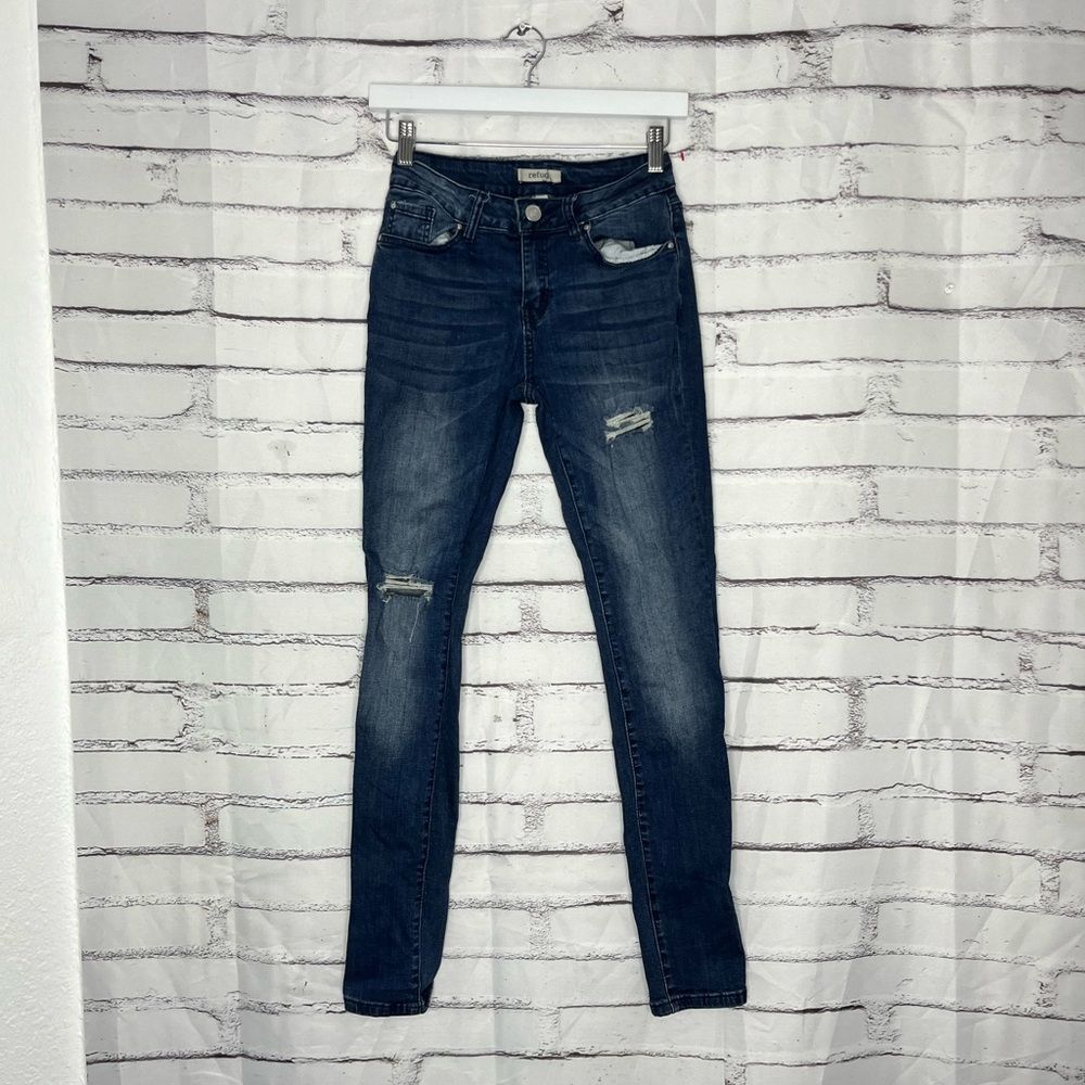 Refuge Distressed Skinny Jeans Mid Rise Dark Wash Women’s 24 Stretch Denim Y2K
